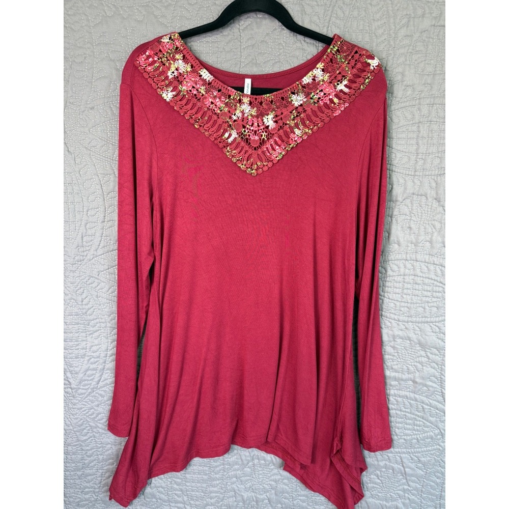 POPPY YOUNG Women's Red Floral Lace Embellished Long Sleeve Tunic Top XL